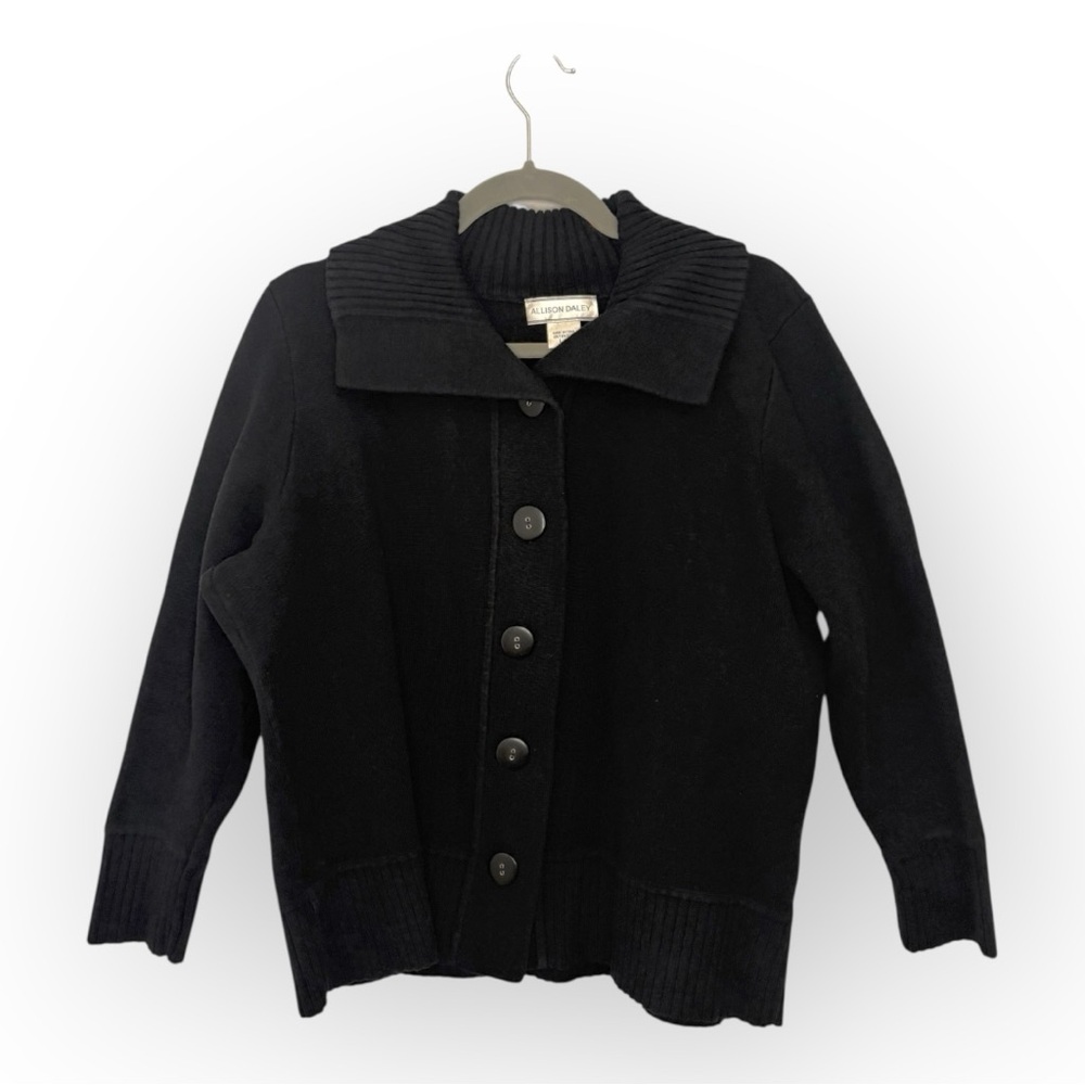 90s Vintage Allison Daley Black Knit Button Front Collar Cardigan Jacket Large